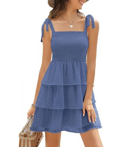 Womens Summer Casual Smocked Dress Floral Mini Tie Strap Swiss Dot Ruffle Tiered Babydoll Dress Swiss Dot Blue $10.88 Dresses