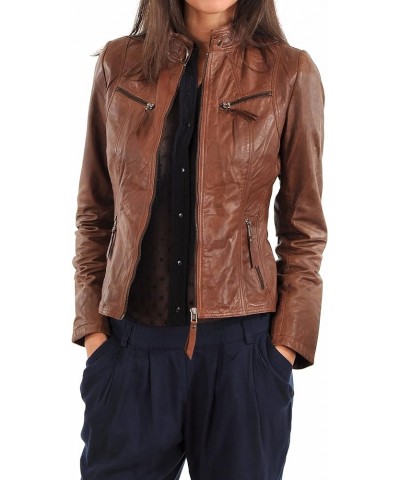 Women's Lambskin Leather Bomber Biker Jacket Tan $63.89 Coats