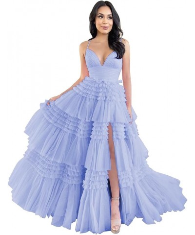 Tiered Tulle Prom Dresses Long Ruffles Ball Gowns Glitter Formal Evening Party Gowns with Slit Lavender $54.05 Dresses